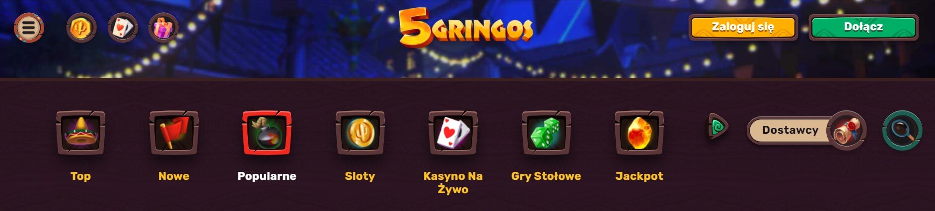 5gringos casino menu gier screenshot